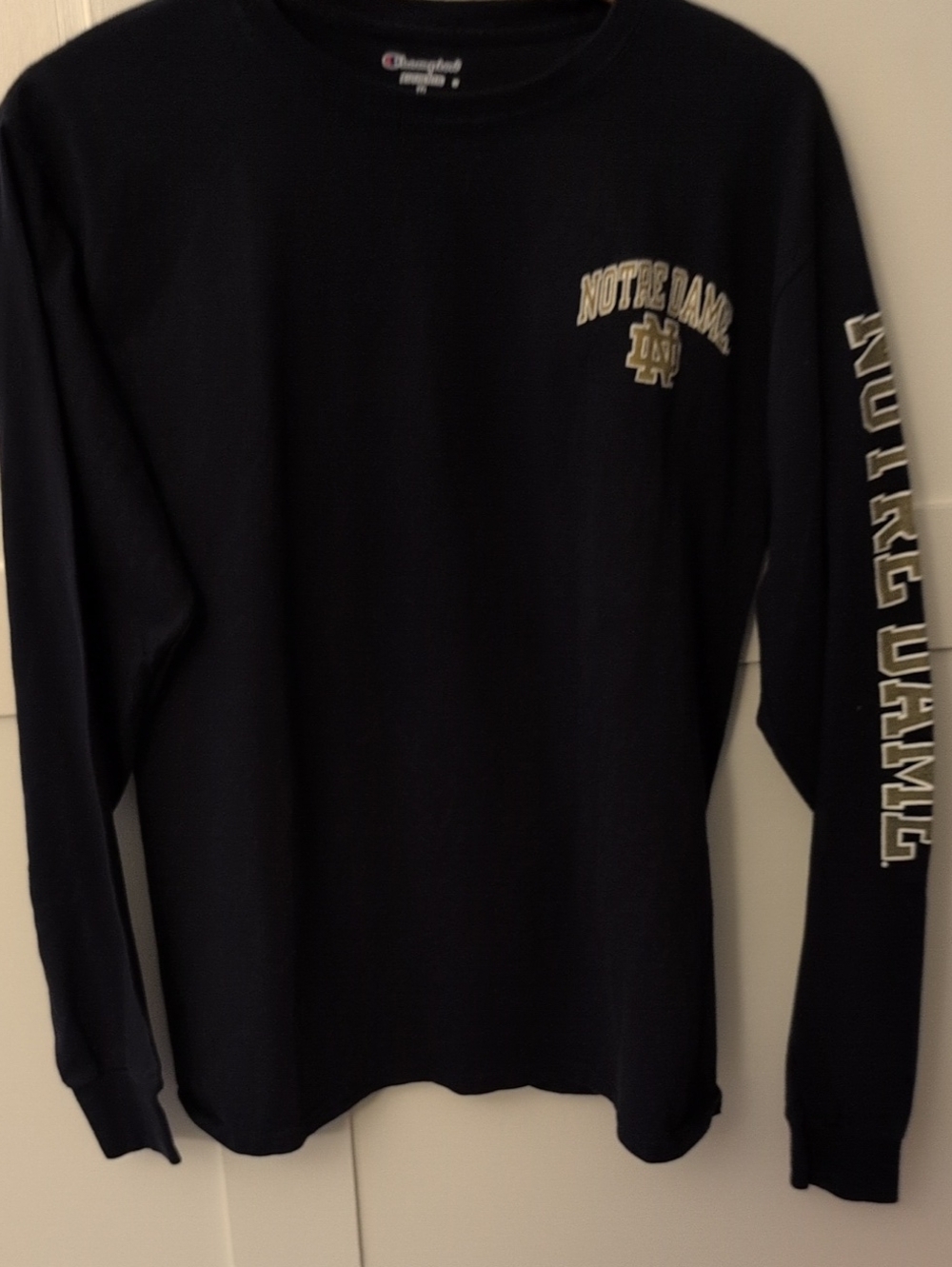 Champion Notre Dame Long-Sleeve Tee in Black with Gold Logo